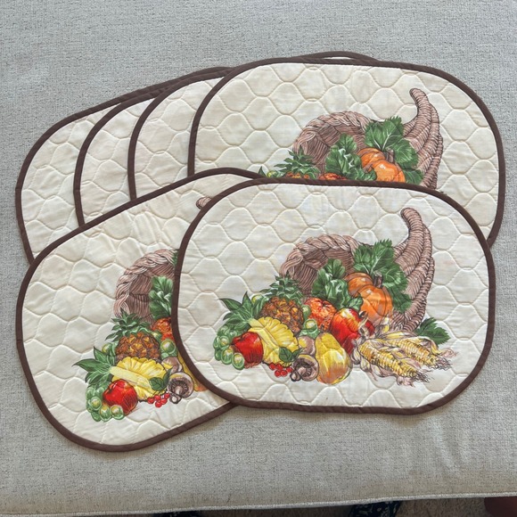 Unbranded Other - Vintage Quilted Thanksgiving Cornucopia Placemats Set of 6 Harvest Fall Oval